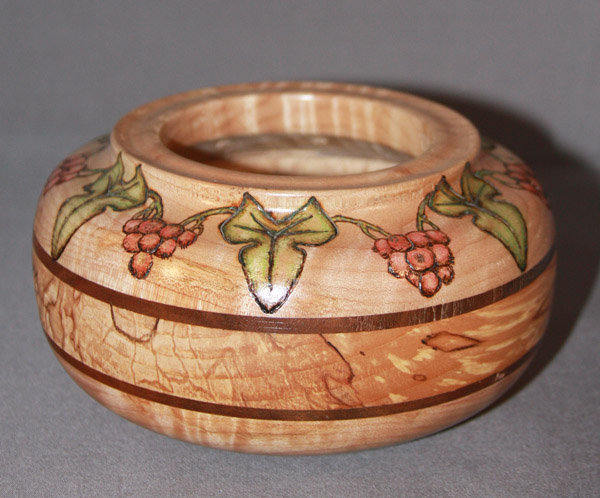Turned maple and spalted maple bowl wood burned designs and watercolored. Copy right 2015 Robert Walker. No AI usage.
